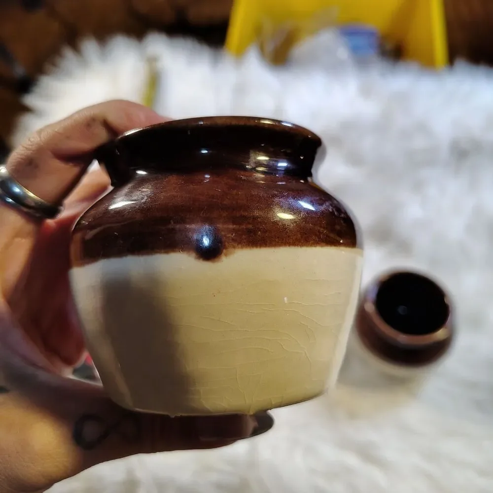Burnham & Morrill CO Small Stoneware Bean Pot Brown & White Glaze Lot Of 2